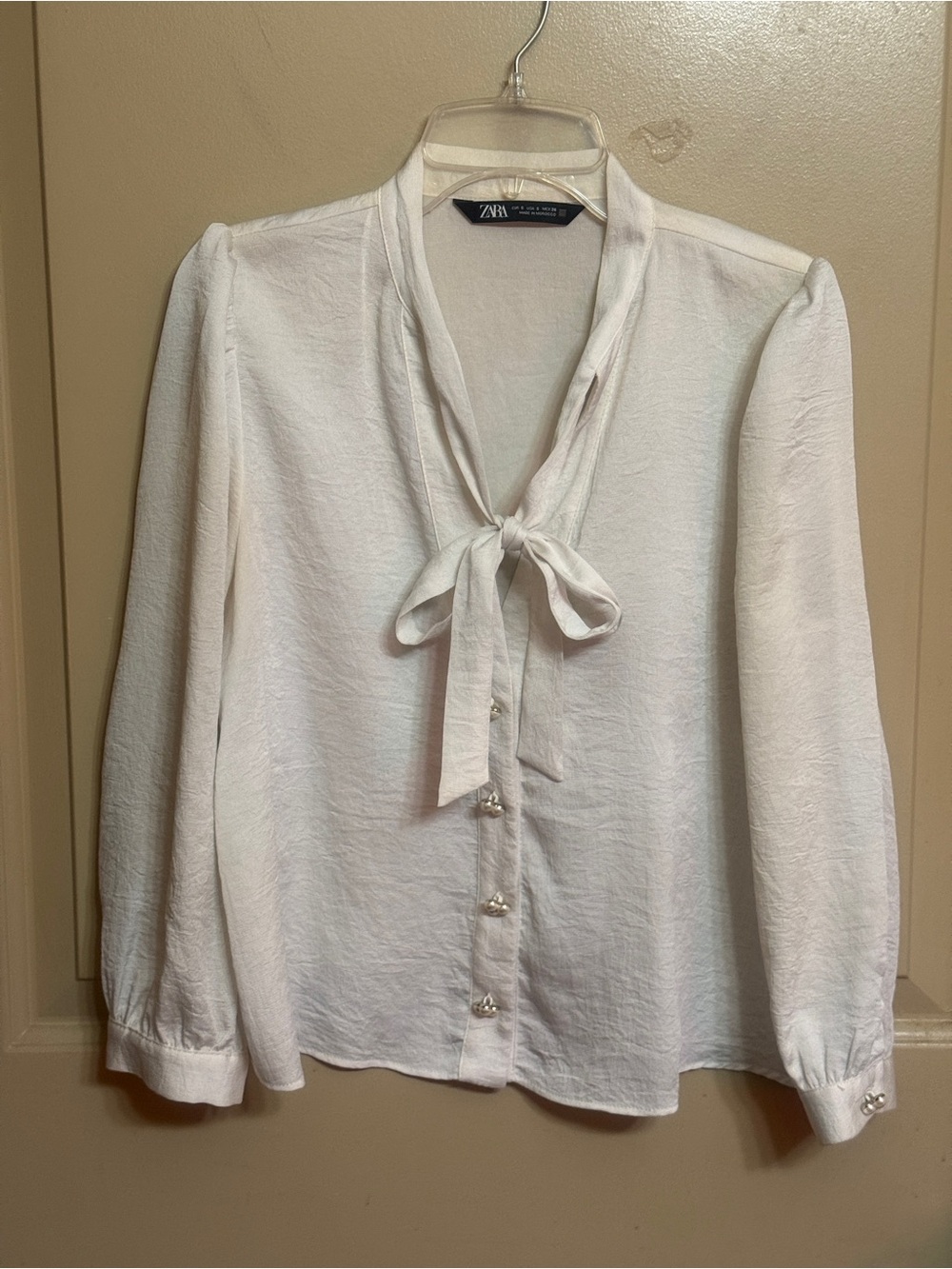 Zara Cream Tie-Neck Blouse with Pearl Buttons